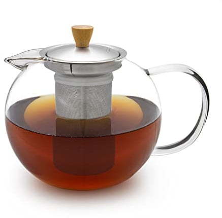 GLASWERK théière en verre sans chauffe-théière - (1,3L) Théière avec infuseur thé infuseur thé inox élégante poignée en bois, avec passoire en acier inoxydable, théière en verre avec infuseur