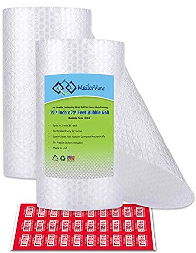 Lot de 2 rouleaux de papier bulle d'air pour emballage robuste [30,5 cm x 2,9 m au total, perforés tous les 12], 2 paquets de 36 rouleaux par rouleau. (30 autocollants fragiles inclus) (30