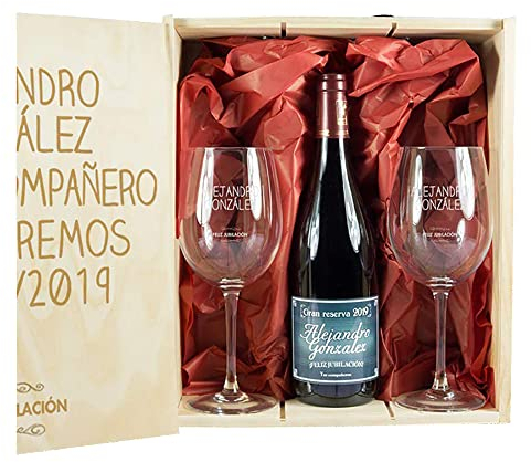 Calledelregalo Cadeau de retraite : kit personnalisé avec bouteille de vin + verres à vin dans une boîte en bois
