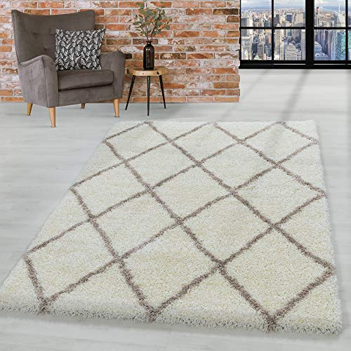 HomebyHome Teppich Wohnzimmer und Schlafzimmer Shaggy Teppich Skandinavisch Raute Design Creme und Braun Läufer 80x150 cm - Hochflor Teppich Wohnzimmer Extra Weich Pflegeleicht - Carpet Living Room