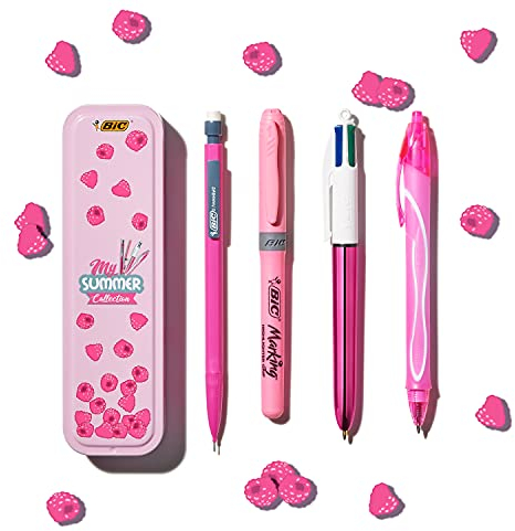 BIC Stifte Set in Metallbox: 1 Kugelschreiber, 1 Textmarker, 1 Tintenroller und 1 Druckbleistift, My Summer Collection Pink