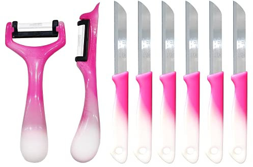 Solingen 6x Obstmesser mit 2 Schäler (pink), geeignet als Obstmesser, Schälmesser, Gemüsemesser & Frühstücksmesser
