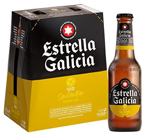 Estrella Galicia Sin Gluten - Cerveza Lager Sin Gluten, Pack de 6 botellas x 25 cl, Sabor Neutro y Ligero, Aroma a Cebada y Malta, 5,5% Volumen de Alcohol