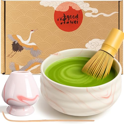 Goodwei Matcha Set komplett mit Matchabesen, Matcha Löffel und Matcha Schale aus Keramik mit Besenhalter im passenden Design | Kunstvoll gefertigte Zeremonieschale Chawan (Pink Marmor, 80)