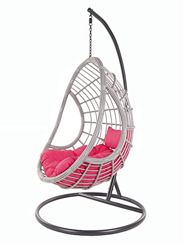 Kideo® Komplettset: großer Hängesessel mit Gestell & Kissen, Indoor & Outdoor, Poly-Rattan, grau, modern (Kissen: pink Chesterstepp (3333 hot pink), Korb & Gestell: grau)
