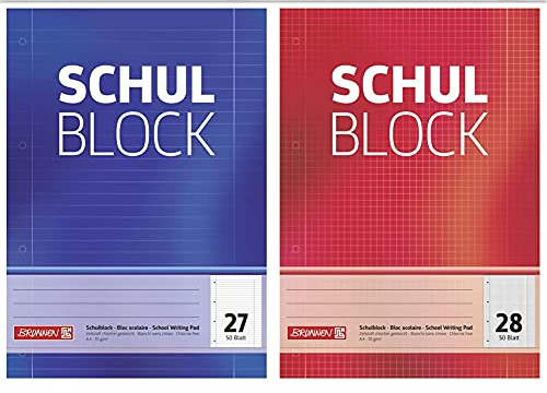 Brunnen 1052527 Schulblock/Notizblock (A4, 50 Blatt, liniert, mit Randlinien, Lineatur 27, gelocht, kopfverleimt, 70 g/m²) & Schulblock/Notizblock (A4, 50 Blatt, kariert, mit Randlinien, 70 g/m²)