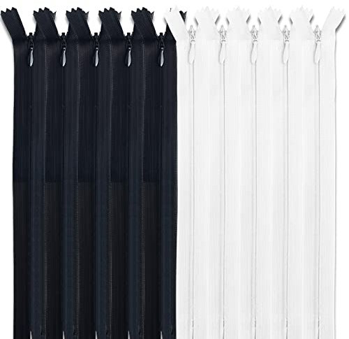 MARARDI [Pack 10] Cerniere Invisibili [Bianco e Nero] Nylon [22 cm] Chiusure Lampo per Cucito e Artigianato per Stoffa Vestiti Borse per Cucire a Macchina Tessuto di Cotone con Chiusura in Metallo