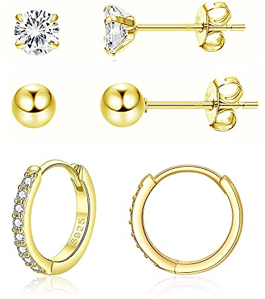 Josfeva Creolen Silber 925 Damen Ohrstecker Ohrringe, 925 Sterling Silber Ohrstecker Creolen Ohrringe Set, 3 Paare Gold Klein Schlafen Ohrstecker Creolen Ohrringe Set, 5mm Ohrstecker & 14mm Creolen