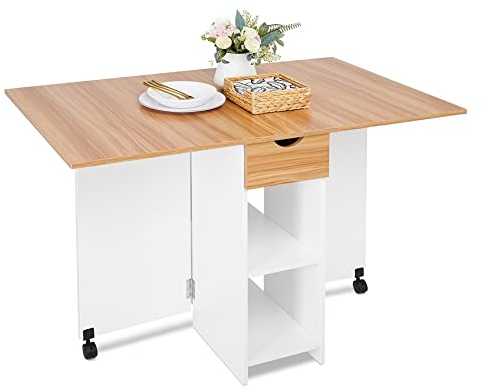 Mondeer Mobile Folding Dining Table, Drop Leaf Table with 1 Drawer and 2 Open Storage Shelves for Small Space Dining Room Kitchen, White & Red oak