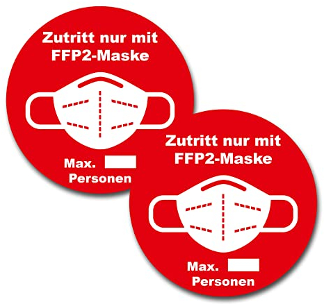 2er Set Maskenpflicht Aufkleber Sticker Zutritt nur mit Maske Markierung Hinweis Hinweisschild für Handel Einzelhandel Behörden Folie selbstklebend (Zugangsbeschränkung rund Wunschzahl)