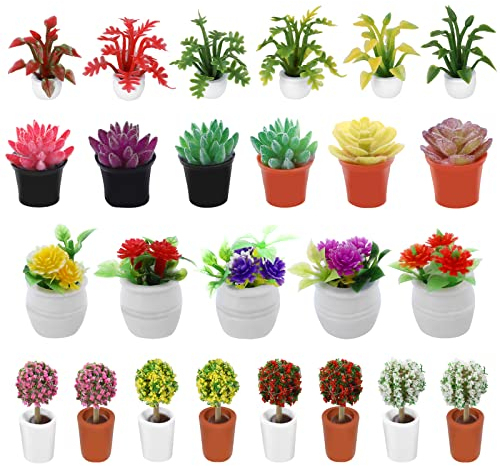 cobee Dollhouse Miniature Bonsai Plant, 25 Pieces Dolls House Mini Plants 1:12 Dollhouse Garden Potted Plants Flower Model Fairy Garden Ornament Dollhouse Decoration Accessories