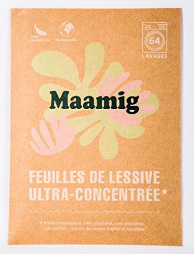 MAAMIG Feuilles de Lessive (64 Lavages) – Sans Parfum et Douces pour Peaux Sensibles – Format Compact Idéal pour Bébés, Familles et Voyages – Alternative Pratique à la Lessive Liquide