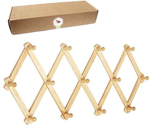 Amapon Erweiterbare Wandgarderobe aus Holz im Akkordeon-Stil, 13 Haken (Klammern), zum Aufhängen von Hüten, Jacken, Kaffeetassen, Geldbörsen, Halsketten, Datenleitung, Küchengeschirr (2 Packungen)