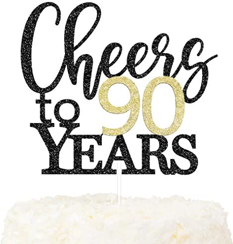 LOVENJOY Cheers to 90 Years Cake Topper Hallo 90. Geburtstag Tortendeko für Happy 90th Birthday Party Kuchen Dekoration, Zweiseitiger Glitzer Schwarz und Gold