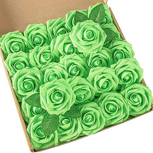 DuHouse PEMG-001-25 Rosas Artificiales con Tallos, Flores de Espuma de Tacto Real para Bricolaje, Ramo de Boda, Baby Shower, Centro de Mesa, arreglo Floral, Fiesta, decoración del hogar (Verde
