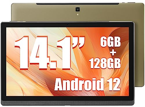 MESWAO Tablet 14.1 Zoll, Android 12 Tablet mit 1920 * 1080 IPS HD Großes Display, 6GB/128GB, Bluetooth 4.1, 2.4G/5G WiFi, und 10000mAh Akku - Ideal für Produktivität, Unterhaltung und Bildung (Gold)