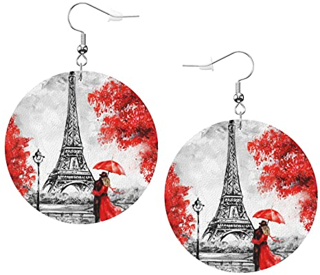 Paris Eiffelturm3 Ohrringe Paris Eiffelturm Runde Form Lederohrring Leichter baumelnder Damen- und Mädchenschmuck, perfekt für den Alltag