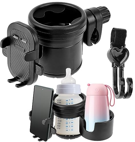 Ticeed 3 in1 Getränkehalter mit Telefonhalter u. Haken 360°Drehbar Becherhalter Rotation Universal Flaschenhalter Nuckelflaschen Kaffeehalter für Kinderwagen Rollstuhl Laufband Boot