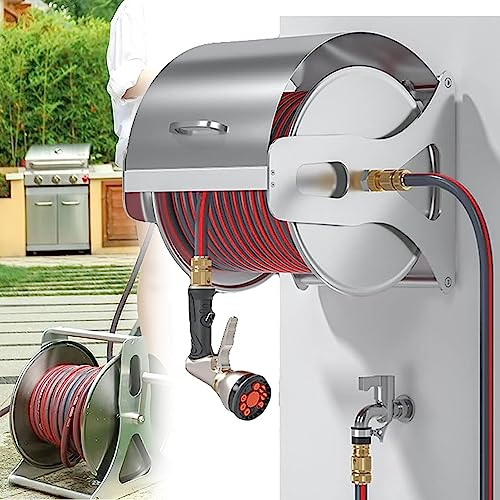LINCYS Edelstahl-Gartenschlauchtrommel, Kompakte Wasserrohr-Bewässerungstrommel, Langlebige Metallschlauchtrommel, Abnehmbar Oder An Der Wand/Am Boden Montiert,Rack+40mHose