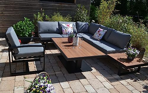 bomey HPL Ecklounge Beltona I 150x90cm Lift Tisch höhenverstellbar + 1 Lounge Sessel I Ecklounge im Teak Design