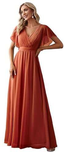 Ever-Pretty Robe pour Mariage Invité Longue Femme Mousseline Col V Manches Courtes Plissé A Line Chic Orange Caramel 58