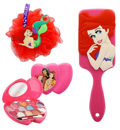 DISNEY PRINCESSE, Coffret Cadeau Bombes de Bain et Fleur de douche silicone 3D + Brosse à cheveux silicone 3D + Palette maquillage pour enfants, Ariel, Jasmine, Raiponce, Belle, Vaiana