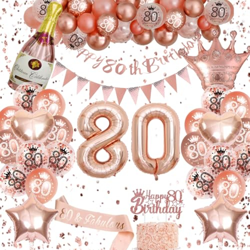 Rose Gold 80th Birthday Decoration for Women - Happy 80th Birthday Banner, Triangle Flag Banner, Number 80 Balloons, Foil Curtains for Party Decorations