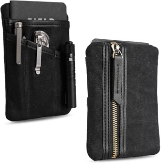 Sayram SP4 EDC Pouch Tasche, kompakter EDC Taschen Organizer aus gewachstem Canvas, Reißverschlusstasche für Herren, EDC Pocket Organizer für Kleingeld, Notizbuch, Taschenlampe – Ölwachs Schwarz