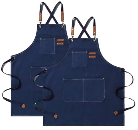 Delantal de Cocina Lienzo (2 Piezas), Delantal de Trabajo con 3 Bolsillos Correa Ajustable Delantale de Barbacoa Impermeable Profesional para Hombre Mujer para Peluquero, Cocina, Jardinero (Azul)