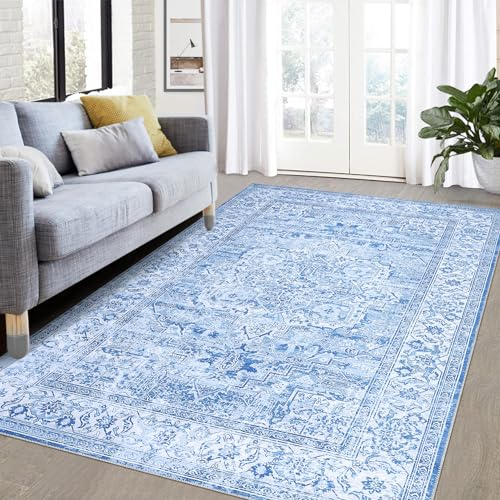 LuxFocus Teppich Vintage Blau-Weiß Teppich rutschfest Waschbarer Verwischt Design Teppiche für Schlafzimmer Wohnzimmer Bodenmatte Kurzflor Bordüre Ornamental, Blau 200x290 cm