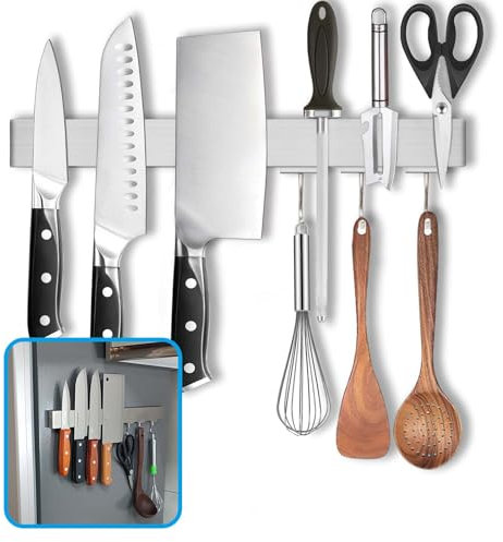 HomeSimplex 14 Inch Magnetic Knife Holder for Refrigerator with Hooks -Fridge Magnetic Knife Strip No Drill- Magnetic Knife Bar -Kitchen Utensil Holder Hanger -304 Stainless Steel Magnetic Knife Rack