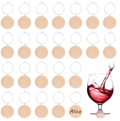 NBEADS 30 Pcs Wood Wine Glass Charms, Wine Glass Identifier Markers Tags With Brass Rings Wine Glass Jewelry Charms for Glasses Tumbler Cup Wine Tasting Party Gift, BurlyWood
