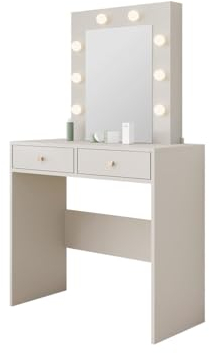 Mirjan24 Schminktisch mit LED-Beleuchtung Madnuz, Frisiertisch mit Spiegel, Kosmetiktisch mit 2 Schubladen, Frisierkommode, Make-up Tisch (Cashmere)