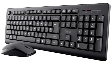 Trust Primo Set Tastiera e Mouse Wireless Italiano QWERTY, Tasti a Profilo Ribassato, Unico Ricevitore USB, Resistente agli Sversamenti, Mouse Ambidestro, Kit Senza Fili PC Laptop Mac Windows - Nero