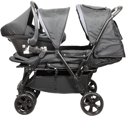 BAMBISOL Poussette Double 2-en-1 pour Jumeaux dès la Naissance | Cosy Siège Auto Gr0+ i-Size Inclus, Pliable avec Habillage Pluie et Grand Panier | Noir et Gris Chiné