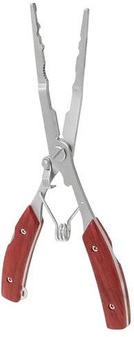 FONGKNOX Stainless Steel Fishing Long-Needle Nose Pliers Hook Remover Tool Bait Line Cutting Multi-Functional Lightweight Pliers with Safety Lock & Bag Easy Carry with Wooden Pattern Handle