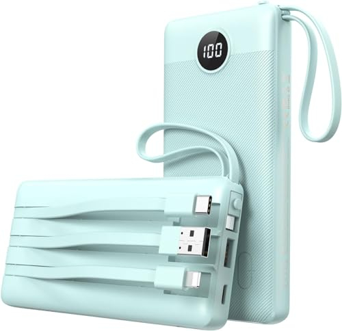 Batterie Externe 10000mAh avec 4 Câbles Intégrés, VEEKTOMX POWER BANK 5 Sorties et 4 Entrées Batterie Portable Puissante, Battery Pack de Voyage Chargeur Externe Compatible avec iPhone/Samsung/Android