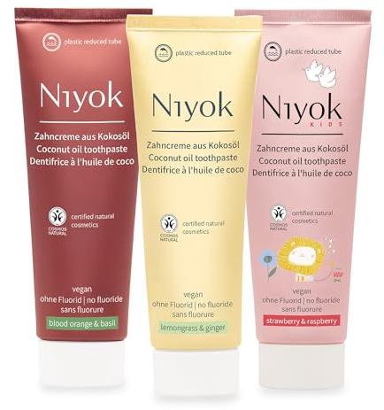 Niyok® Zahncreme aus Bio Kokosöl (3x75ml) • Zahnpasta Mix-Paket • Verschiedene frische Geschmacksrichtungen • Natürlich, nachhaltig, ohne Mikroplastik • Vegane Zahncreme ohne Fluorid