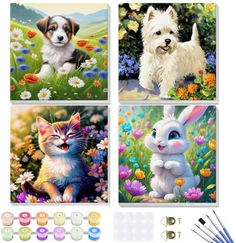 GHHKUD 4 Pack Peinture à Numéros Enfants Adultes Débutants Animaux, DIY Peinture Acrylique pour Adultes Enfants débutants Facile sur Toile avec peintures et pinceaux, Kits de Loisirs Créatifs 20×20cm