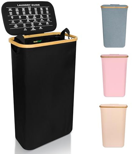 Nest Zest 60L Slim Laundry Basket with Lid, Washing Basket for Laundry, Hamper style Linen Bin with Care Guide & Removable Inner Bag, Dirty Clothes Bin with Sturdy Bamboo Rim and Oxford Fabric (Black)