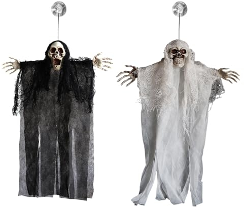 FENGCHUANG Halloween Skelett Deko 2 Stück Halloween Sensenmann Dekoration zum Aufhängen, Schreiende Geister Dekoration, Totenkopf-Requisite für Halloween Party Deko
