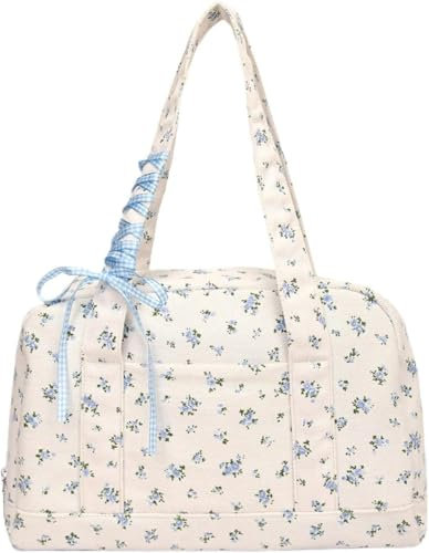 Kleine Reisetasche für Damen süße Canvas-Tragetasche florale Umhängetasche kleine gesteppte Reisetasche Canvas-Tragetasche süße Blumen-Wochenendtasche Übernacht-Handgepäck (Blau,Einheitsgröße)