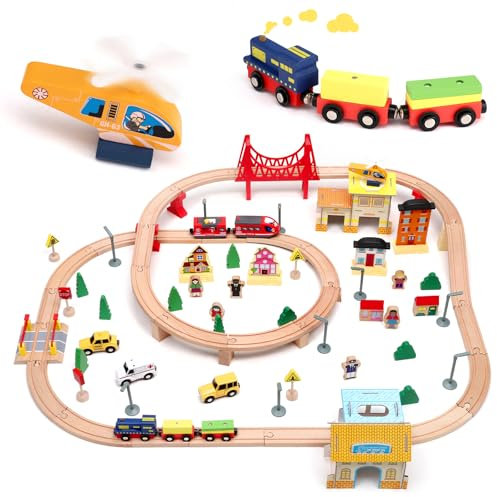 Brolteja Schienen Auto Spielzeug,108 Pcs City-Zugset für Kinder Erweiterbares Holzeisenbahn-Set,Elektrische Eisenbahn Kinder, Eisenbahn Zug Spielzeug mit Zuggleis und 4 Zugwaggons