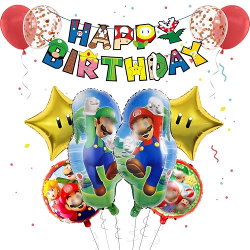 Luftballons Super Bros Geburtstag Deko Jungen Mädchen- Mari Geburtstagsdeko Super Brother Folienballons Happy Birthday Banner Balloon Kindergeburtstag Deko Girlande für Mari Thema Party Supplies Deko