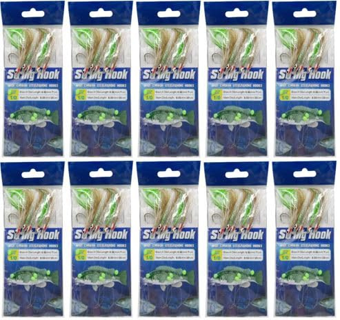 KT Tackle 10 Pack Sea Fishing Sabiki Rigs - Boat and Sea Traces, Mackerel Feathers With 1/0 Hooks for Cod, Pollock