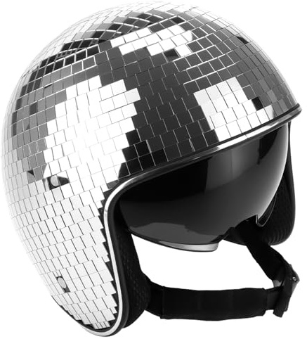 QWORK Disco Ball Helmet Party Decoration with Retractable Visor and Cowboy Hat Design - Handmade Glitter Glass Cap