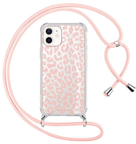 ZhuoFan Handyband Handyhülle für iPhone 12 Pro/iPhone 12 Hülle 6,1 mit Band, Transparent Aesthetic Leopard Muster Cover mit Kordel zum umhängen Necklace Rosa Case Silikon PC Schutzhülle, 05