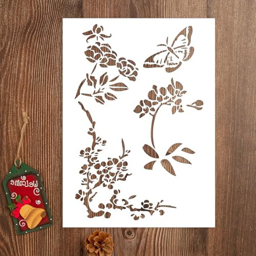GEEHUA Lot de 2 grands pochoirs de peinture murale réutilisables de taille A4 - Motif : branches et papillons - Pour peinture sur bois, murs, toile, tissu