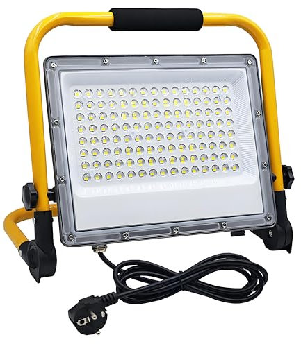 50W Projecteur LED Chantier avec 2M Câble, Tkdaksy Lampe Chantier avec Prise, Projecteur Chantier Led Lampe 5000LM, IP66 Étanchéité, 6500 K, Support Pliable Portable, pour Ateliers, Chantiers, Garages