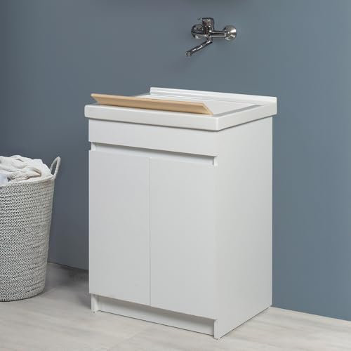 Mobile Lavatoio 61X50 Cm Con Vasca In Ceramica, Struttura In Legno Nobilitato Bianco Opaco Con Due Ante Apribili A Gola, Già Montato Con Kit Di Scarico Incluso